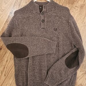 Chaps Large Brown Button Up Neck Long Sleeve Sweater with Elbow Patch Men